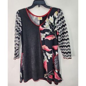 Hand Jive Top Women's M Art to Wear Trapeze Chevron 3/4 Sleeve‎ Stretch Black